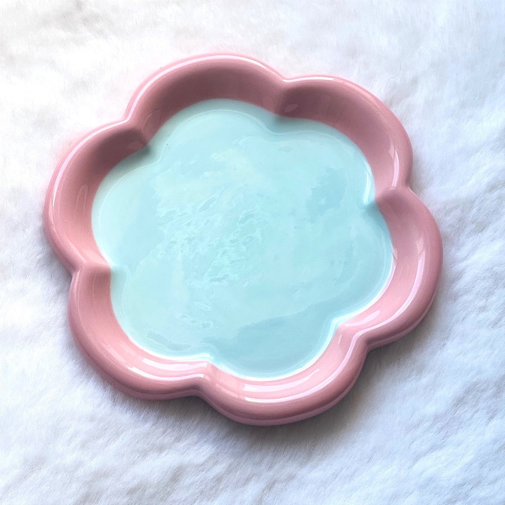 New Flower Ceramic Cat Plate Pink outline Whisker Fatigue Friendly Pet Dish 6"